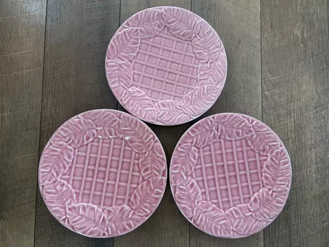 Bordallo Portugal Ceramic Pink Salad Luncheon Plate Lot 3 Pink Weave Leaf 8 inch