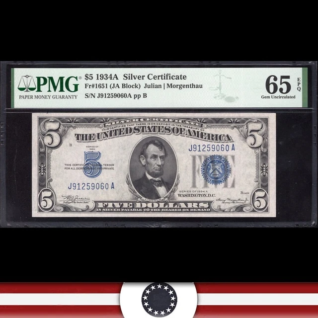 1934-A $5 SILVER CERTIFICATE *J-A Block* PMG 65 EPQ Fr 1651 59060