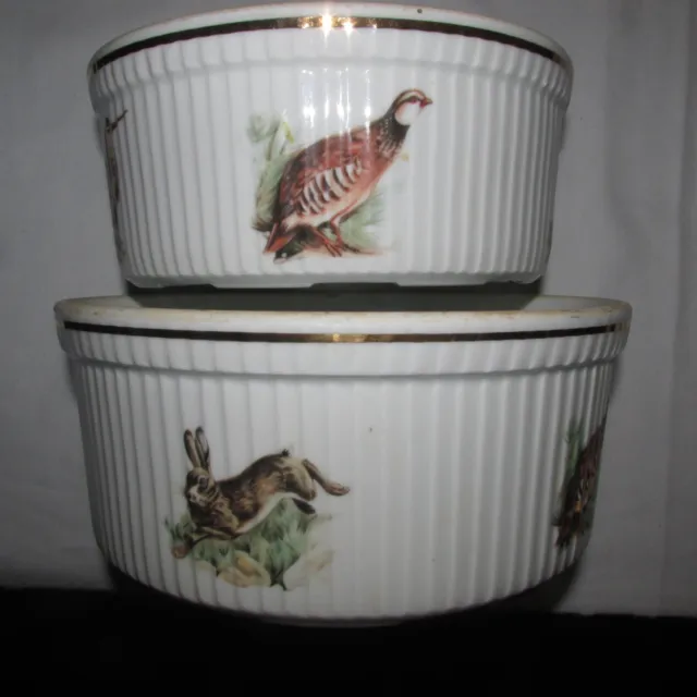 2 x Apilco France Vintage Porcelain Souffle Dishes With Game Birds & Hare