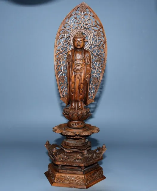 12.2" China Box-wood Carving Buddhism Tathagata Buddha Stand Lotus Flower Statue