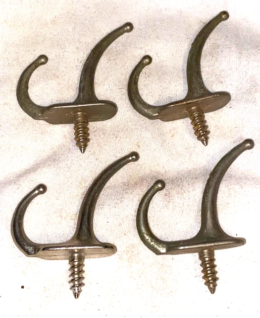4 Small GR GRc Silver Colored Double Key Hat Hooks Solid Brass Antique  1-3/8"