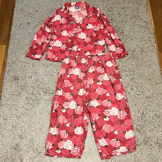 Pine Cone Hill Pink Floral Button-Up Shirt and Pants Pajama Set Womens sz L