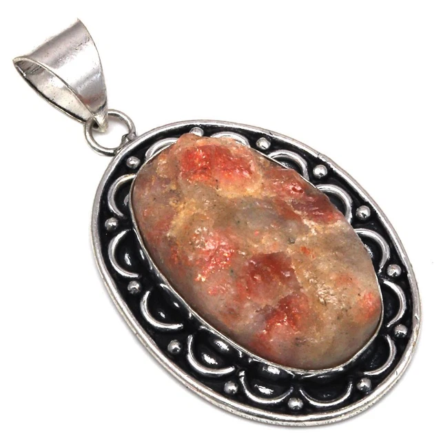 Pendant Sunstone Drusy Gemstone Handmade Gift For Her 925 Silver Jewelry 2"