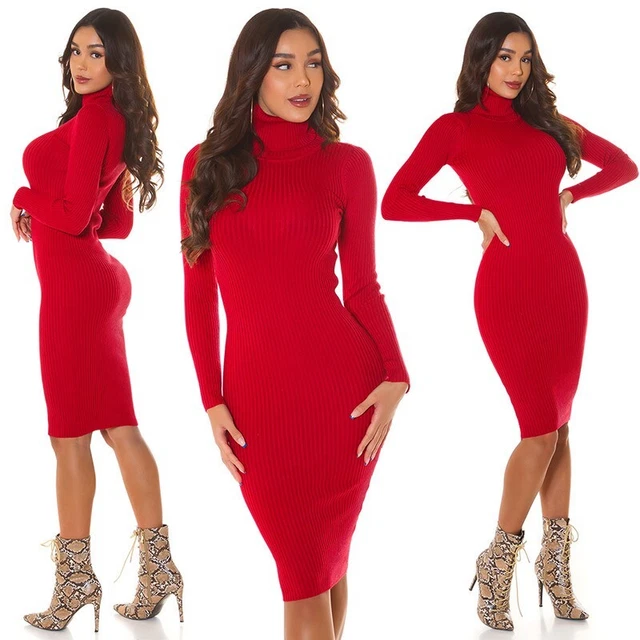Vestito Donna Elegante Maniche Lunghe Collo Alto in Maglia da Sera Abito Inverno