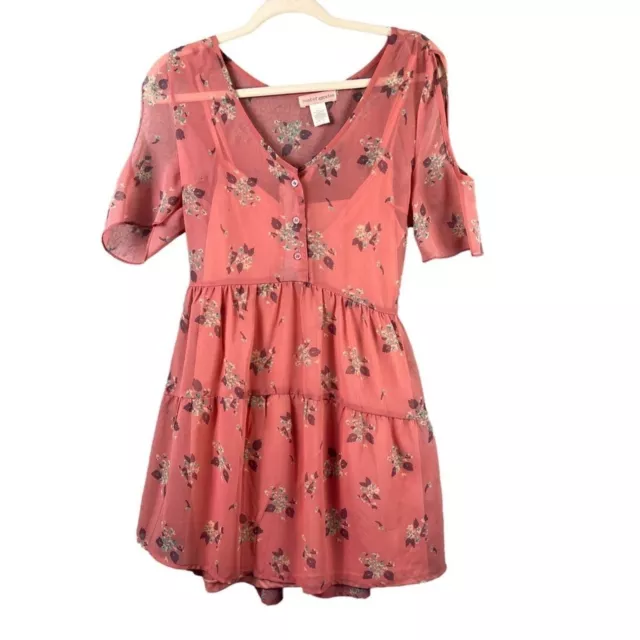 Band of Gypsies Cold Shoulder Floral Print Tiered Lined Dress Coral Pink Size L