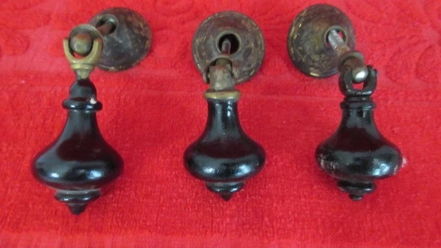 3 Antique Victorian Eastlake Teardrop Drawer Pulls Drop Knob Handle Wood & Brass