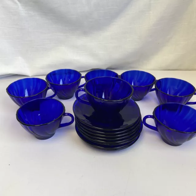 Duralex Vereco Cobalt Blue Swirl Glass Tea Teacup And Saucer