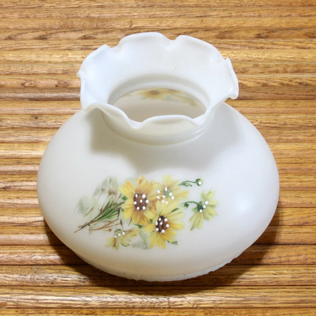 Vintage Fenton Style Lamp Chimney Shade Milk Glass Hand Painted Flowers Crimped
