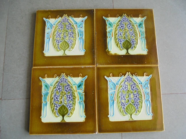 4 Pc Vintage Flower Tree & Butterfly Embossed Colorful Ceramic Tiles, England