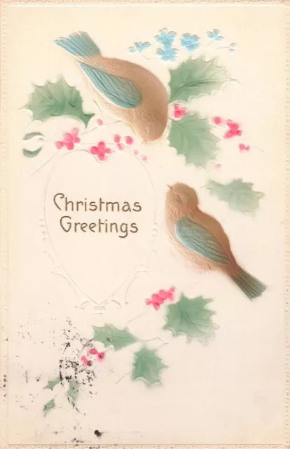 Postcard Christmas Greetings Birds Holly Berries Holiday posted WA Embossed DB
