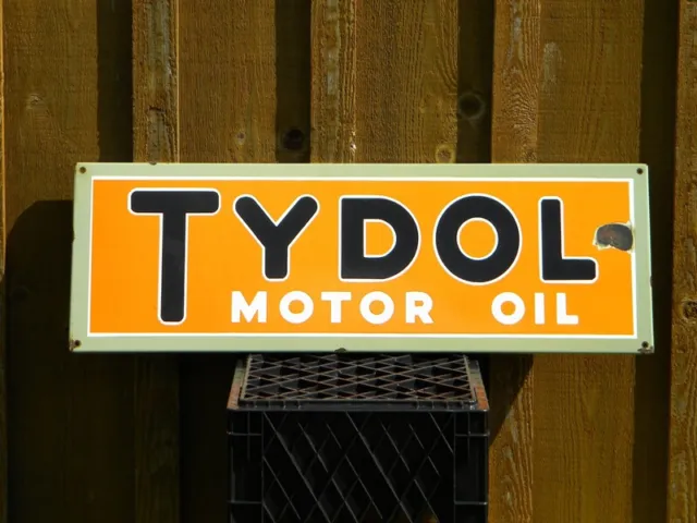 ----VINTAGE ~31-1/2"x 10-1/2" TYDOL PORCELAIN SIGN----MOTOR OIL GAS STATION PUMP