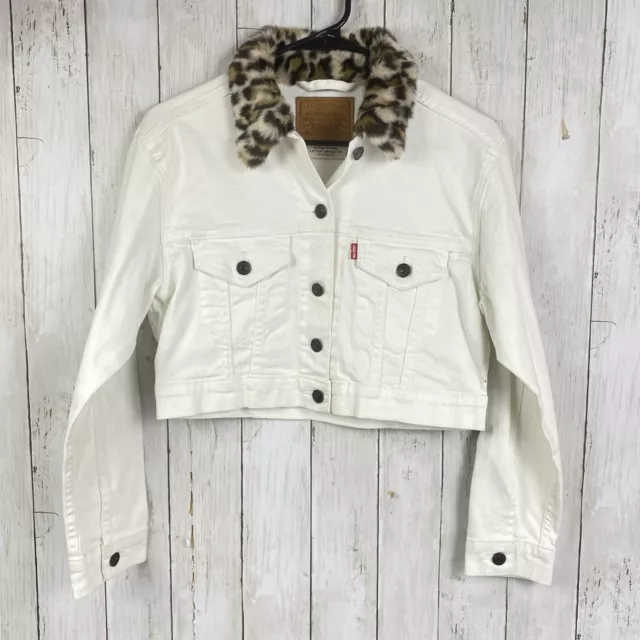 Levi's Women's Denim Trucker Jacket Cropped White Size XS Leopard Faux Fur