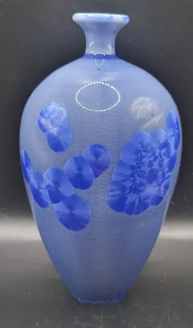 Studio Art Pottery Cobalt Blue Crystalline Crackled Glaze Bud Vase 5 1/2" SIGNED
