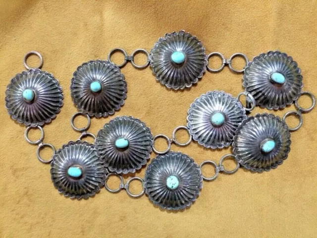 Vintage  Handmade Navajo Sterling Silver .925 Concho Kingman Turquoise 30" Belt