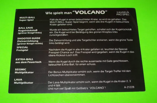 Volcano 1981 Original Nos Pinball Machine Instruction Card In German
