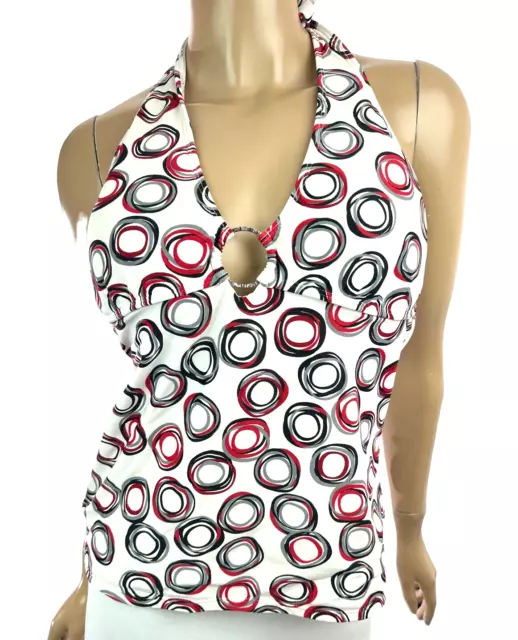 Cole of California Tankini Swim Top Halter White w/ Black/Red Circle Pattern