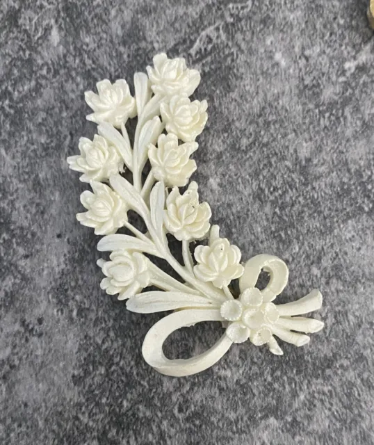Vintage Celluloid  Carved  Bouquet Floral Flower Brooch