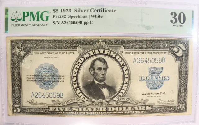 Lincoln Porthole 1923 $5 Silver Certificate Fr#282 VF30 PMG Certification