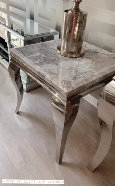 Brand New Louis Silver Grey White Marble Side Lamp Table Chrome Legs 60cm X 60cm