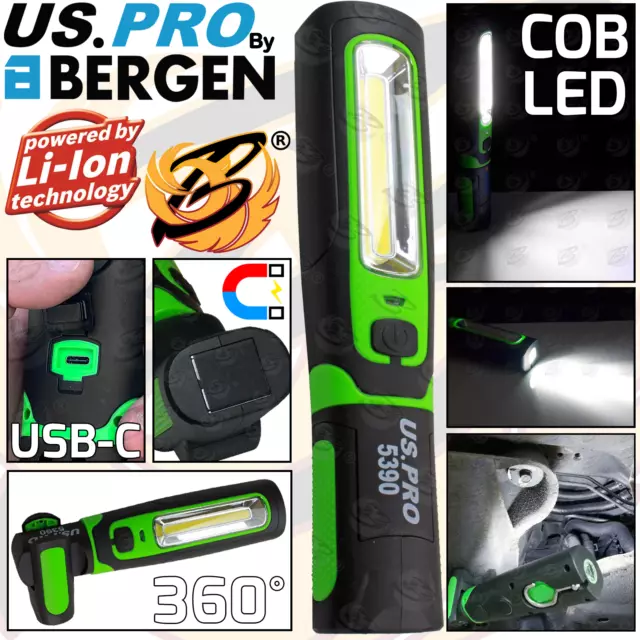 BERGEN COB LED Work Light Torch Li-Ion Rechargeable Cordless Inspection Lamp Mag