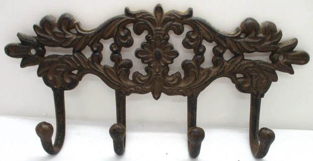 Vintage - Victorian Cast Iron - Rustic 4 Hook Wall Mount Coat Hat Utensil