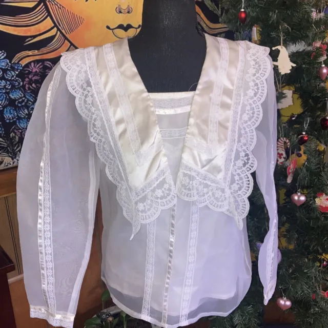 70s Vintage Jessica's Gunnies Gunne Sax Ivory Satin Victorian Blouse Shirt Top 7
