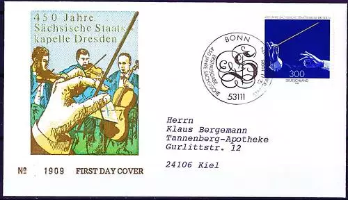 BRD 1998: Staatskapelle! FDC der Nr 2025! Gelaufen! Stempel Bonn! 1A! 21-01