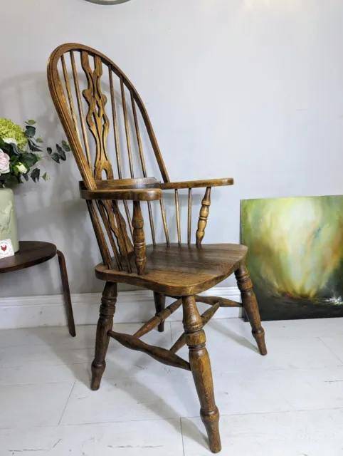 Antique Windsor Yorkshire Oak Armchair Fiddleback Stickback Saddle Seat