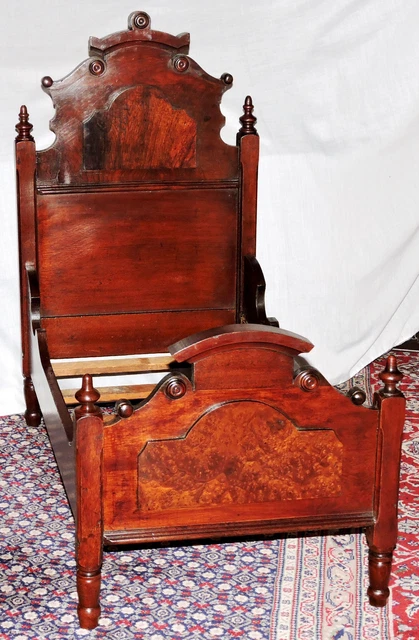 Child Doll BED, 30"t, high-back, Renaissance, Victorian, walnut, rswd, c1870