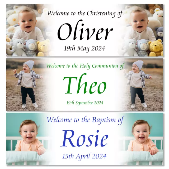 Personalised White Fade Christening Baptism Banners with any name, date & photo