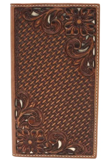 Nocona Mens Floral Basketweave Tooled Leather Rodeo Checkbook Wallet (Tan)
