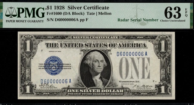 1928 $1.00 Silver D60000006A  2-Digit Radar **P.m.g #63Epq**