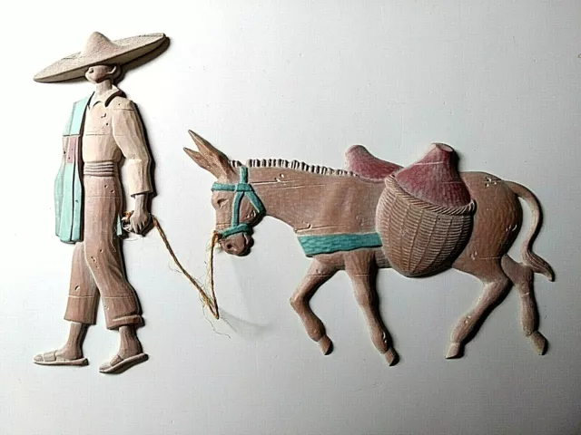 Vintage Mexican Man And Burro Donkey Cast Metal Wall Art Hanging Mint Marked