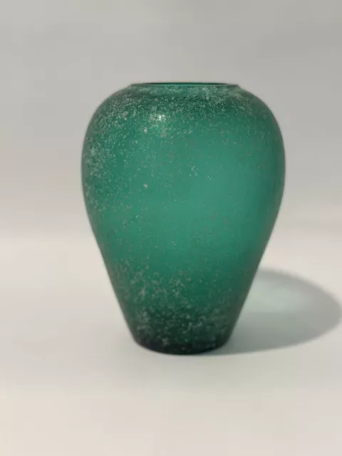 Art Glass Teal Green Vase with White Frit Snowflake Effect Unmarked