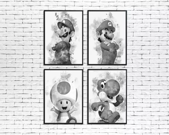 black and white Mario Luigi Yoshi Toad wall art poster prints gaming games room