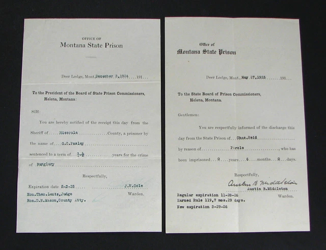 #13 - 2 neat 1920s DEER LODGE MONTANA PENITENTIARY documents PAROLE & BURGLARY