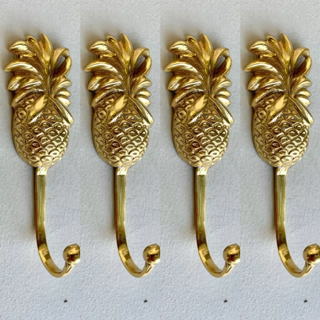 4 small PINEAPPLE100% BRASS HOOK COAT WALL MOUNT HANG old style 12 cm polished B