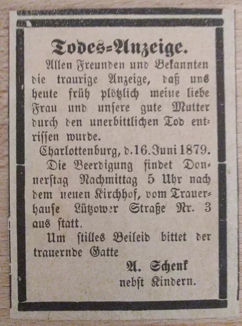 Zeitungausschnitt Traueranzeige Ehefrau von August Schenk Dachdeckermeister 1879