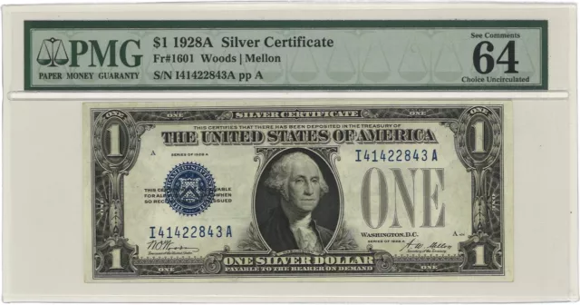 1928A $1 Silver Certificate Fr#1601 PMG Ch UNC 64 EPQ