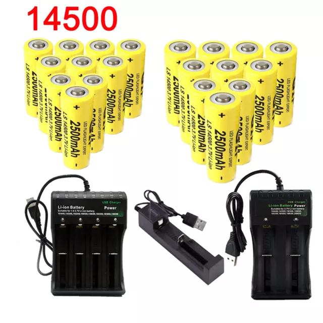 14500 Battery 2500mAh Li-ion 3.7V Rechargeable Batteries Cell For Flashlight LOT 2