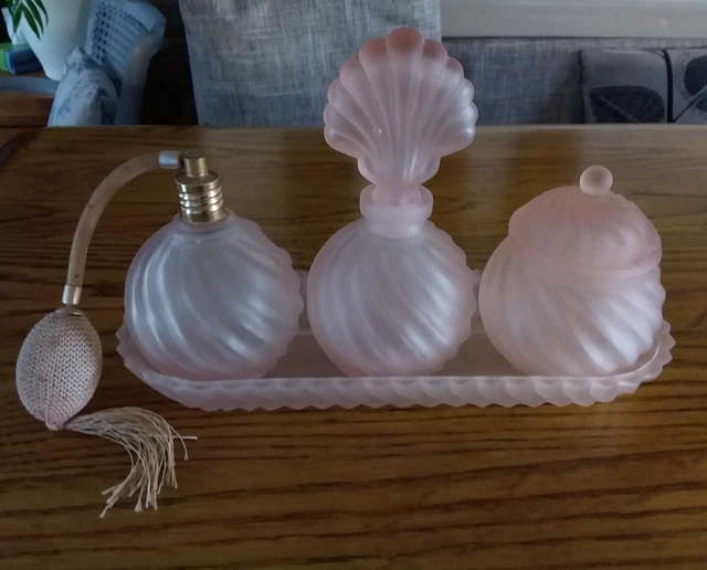 VINTAGE ART DECO Pink Frosted Glass Perfume / Vanity Bottles Set on