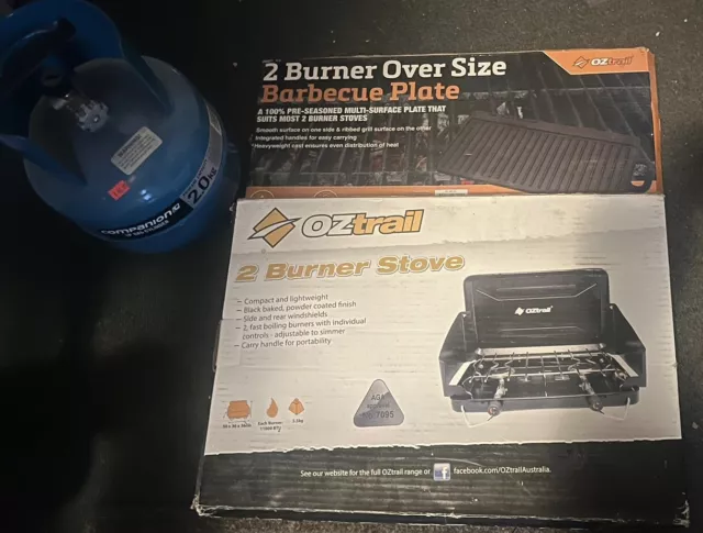Oztrail 2 Burner Stove Plus Barbecue Plate & 2kg Gas Bottle- Camping  Bbq Pinic