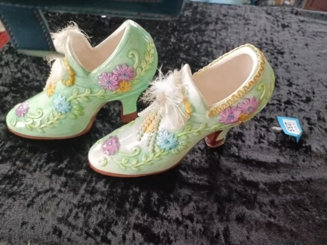 Beautiful Pair Of Green Floral shoes hand decorated, Stunning elegant, ornament.