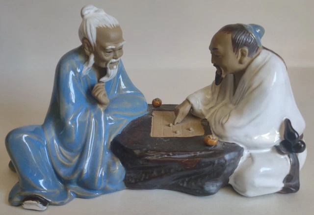 Chinese Mudman Pottery Figure - Friends Playing Game of Checkers