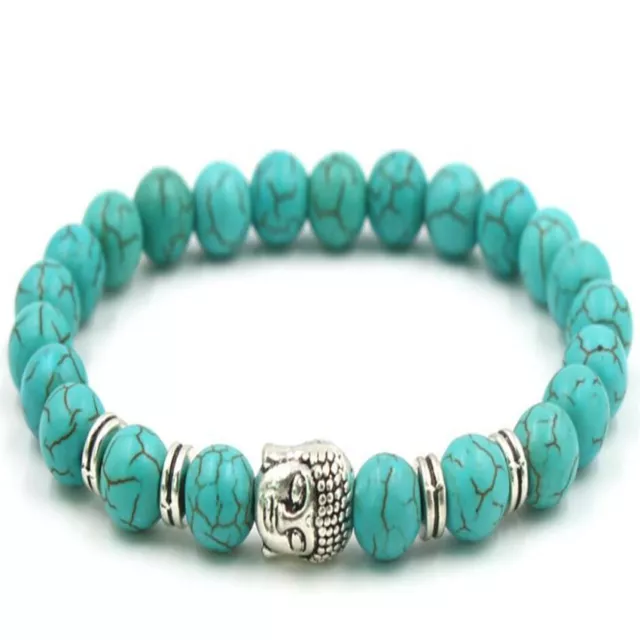 Bracelet Bouddha Mala argent turquoise 8 mm pierre précieuse 7,5 pouces unisexe fait main