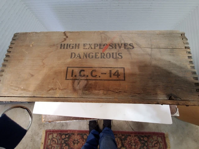 Antique Wooden HIGH EXPLOSIVES DANGEROUS I.C.C.-14 Dovetail Corners Box Only
