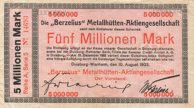 DUISBURG - BERZELIUS Metallhütten Ag - 5 Million Mark - Row A, Series 5 ...