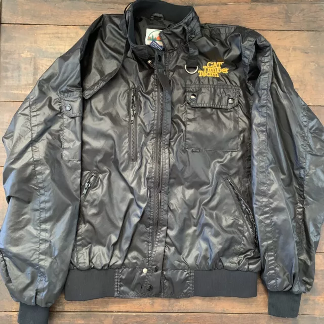 VTG 80s Tonkin CAT Timber Team Forestry Nylon Cafe Racer Jacket Black XL