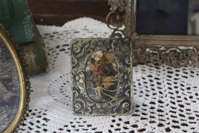 Vintage Tiny Art Nouveau Dried Flower Picture in Brass Frame, Miniature Picture
