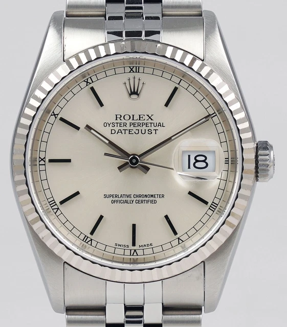 Rolex Oyster Perpetual DateJust 16234 - Metallic Silver 'Baton' Dial B+P (2000)